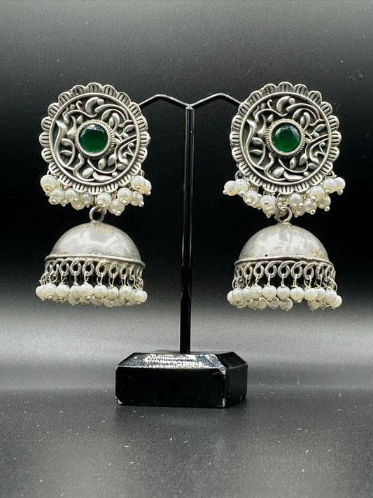 Lotus Bloom | Handcrafted Oxidized Green Stone Silver Floral Jhumka's