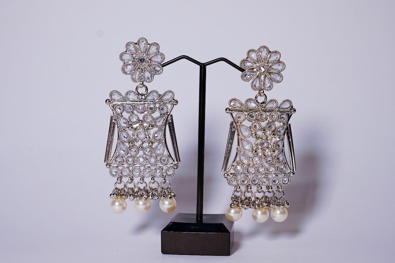 Silver Polki Earings with hanging pearls