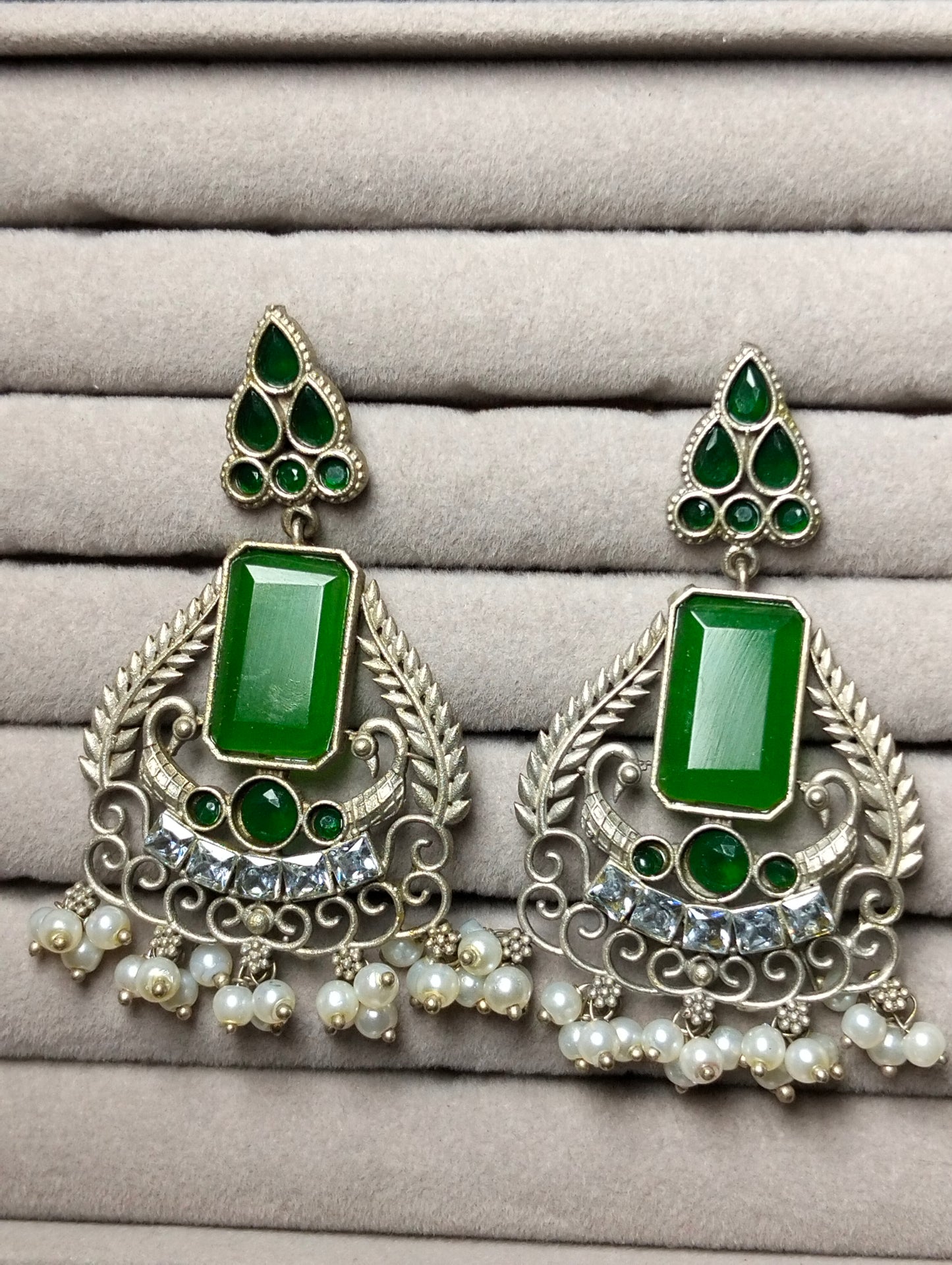 Green stone oxidized handmade brass Bali's
