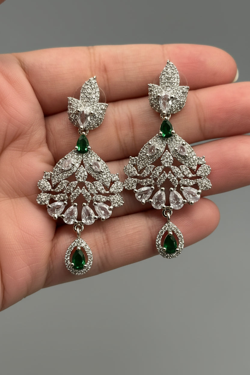 Green Emerald Stone Silver Rhodium Plated Earring