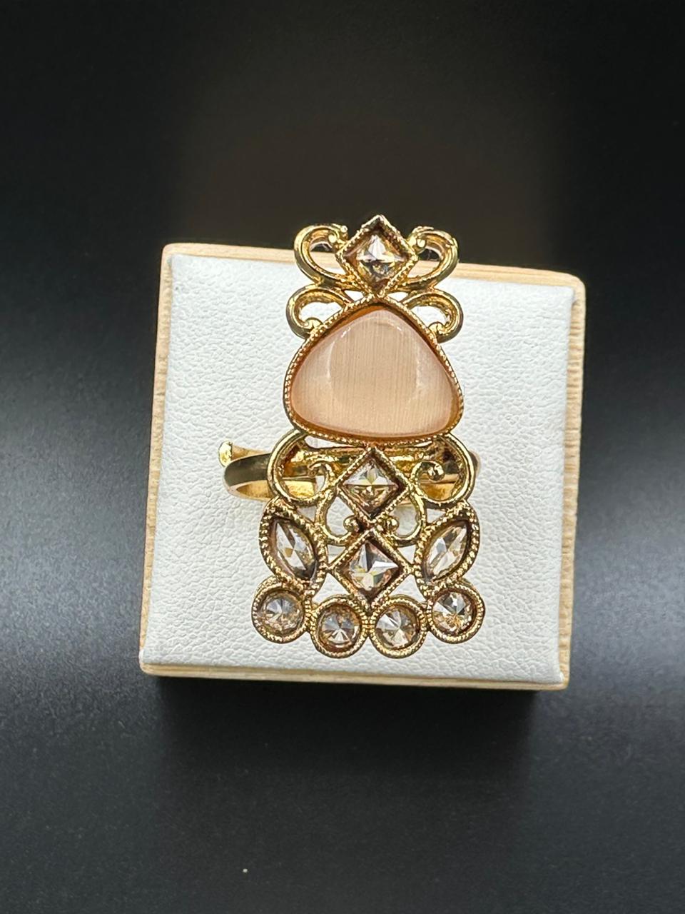 Peach stone adjustable ring gold plated polki design