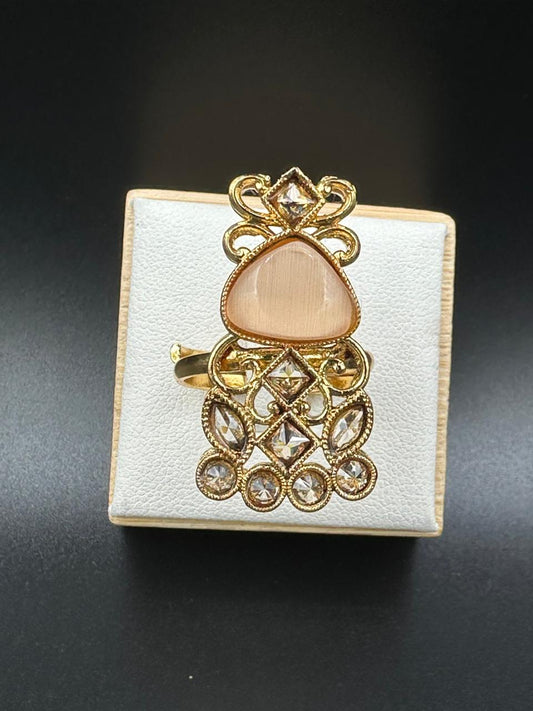 Peach stone adjustable ring gold plated polki design