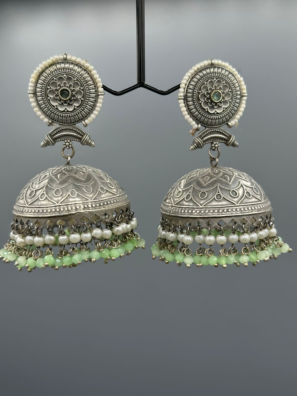 Oxidized Jhumka's in mint green stones