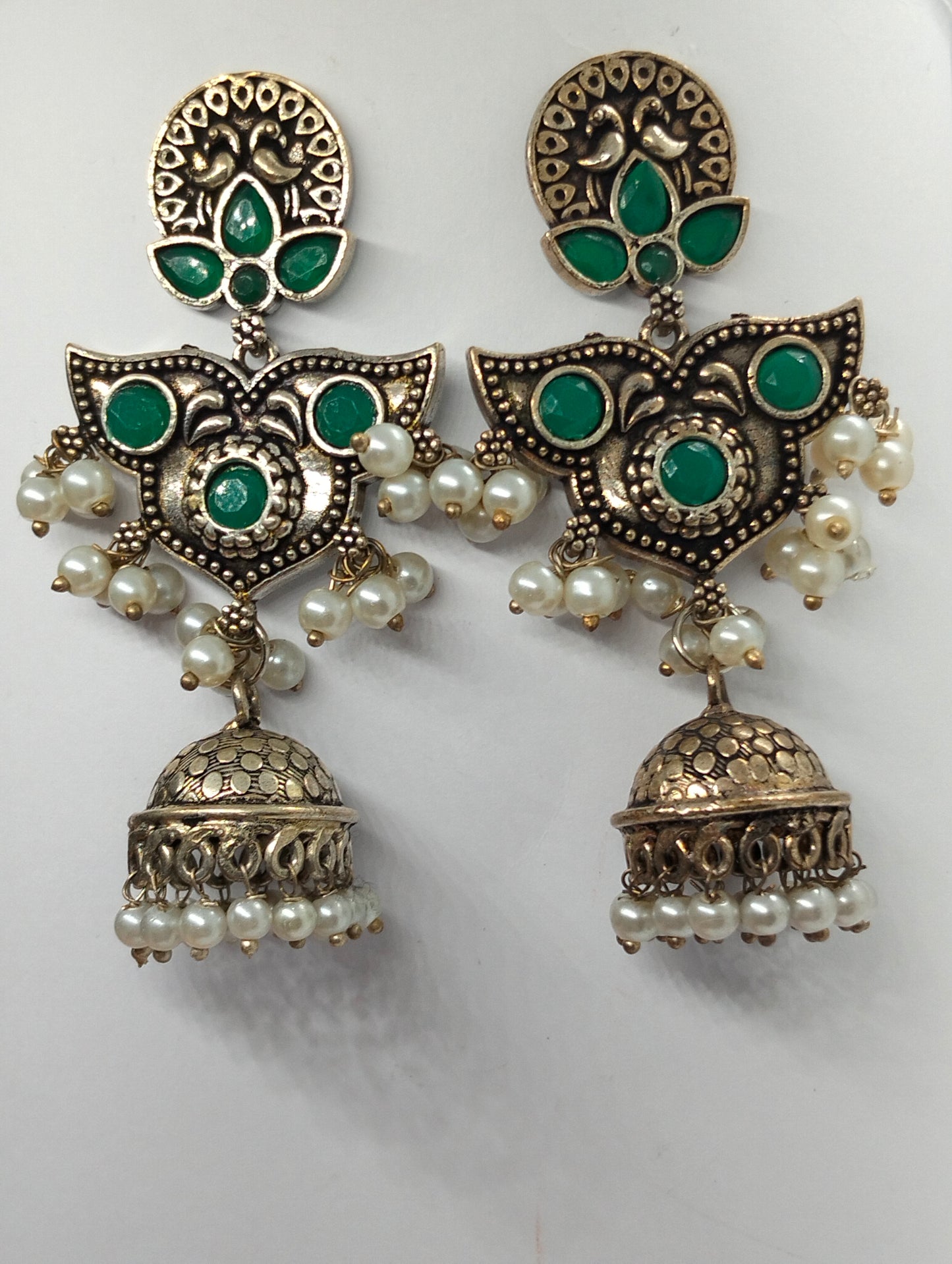 Oxidized handmade brass jhumka's green stone