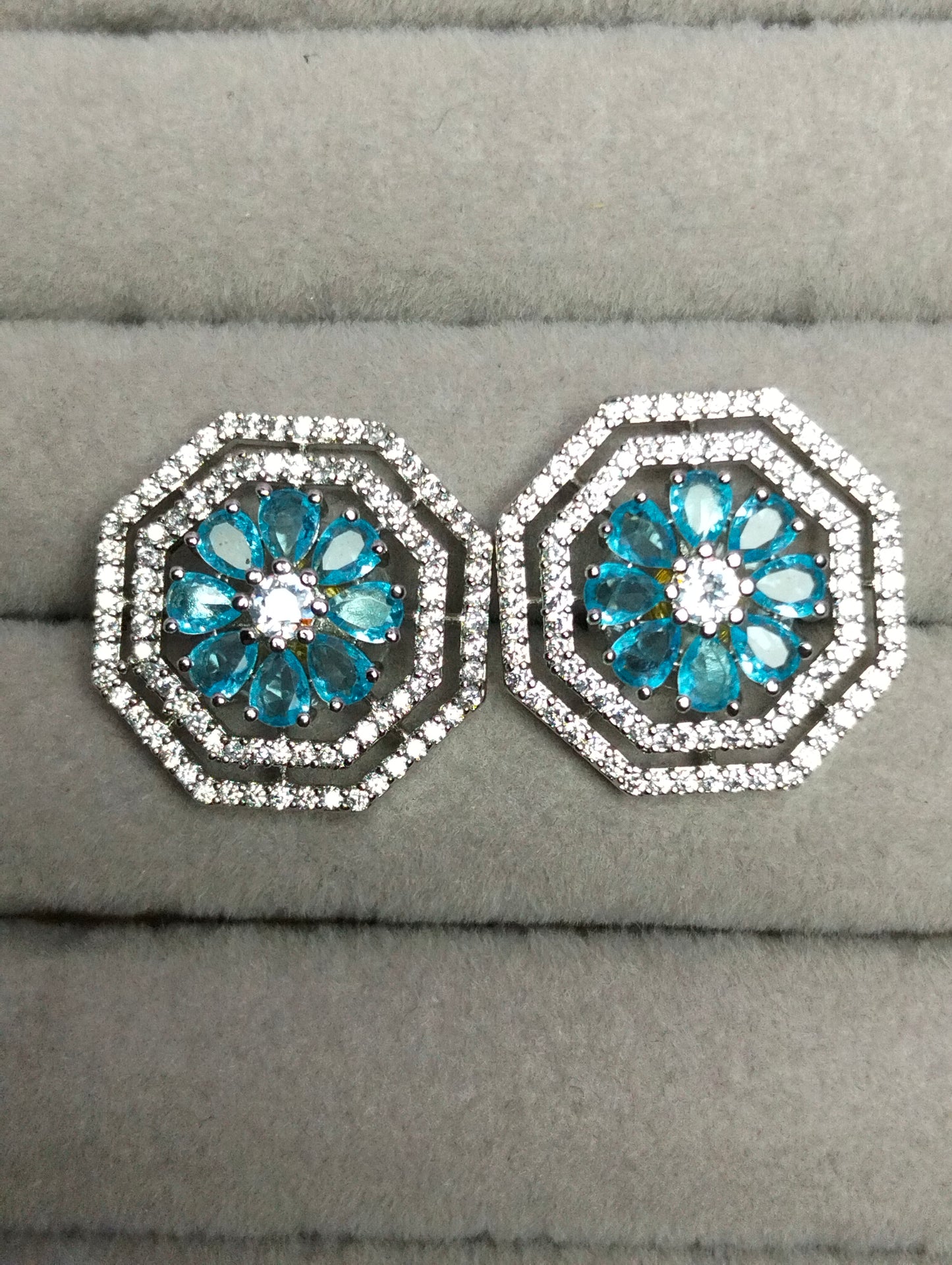 White Illusion Aqua Blue Silver Geometric Studs