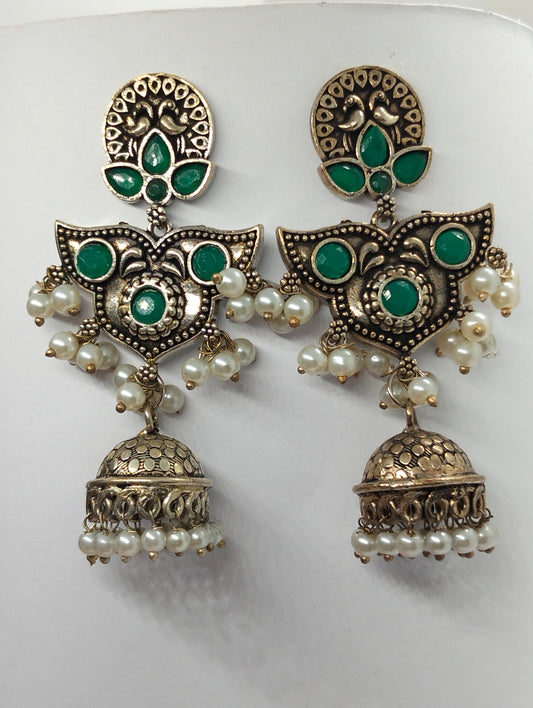 Oxidized handmade brass jhumka's green stone