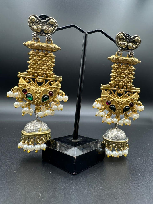 Two toned oxidized handmade Madrasi jhumka's with multi stones