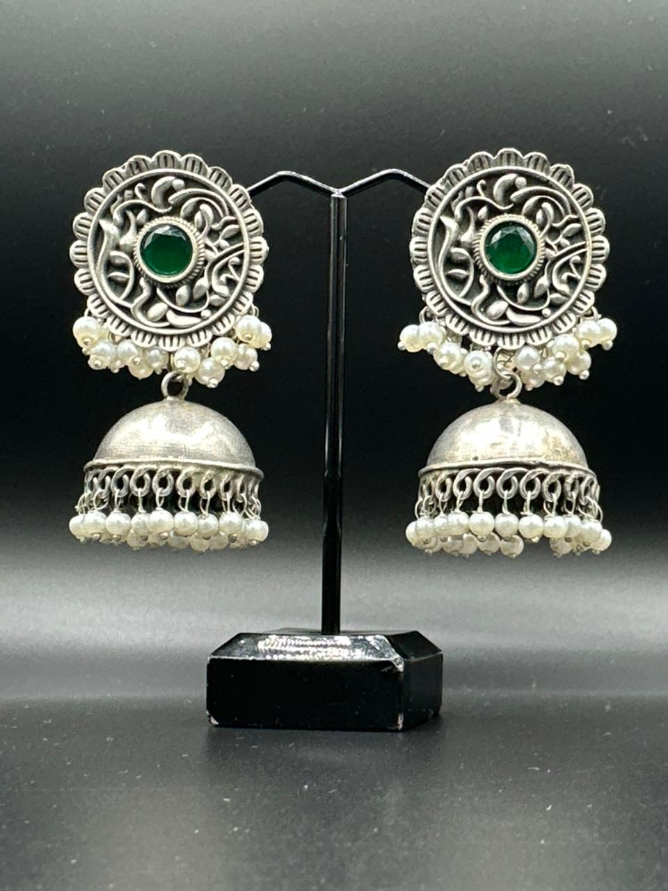 Lotus Bloom | Handcrafted Oxidized Green Stone Silver Floral Jhumka's