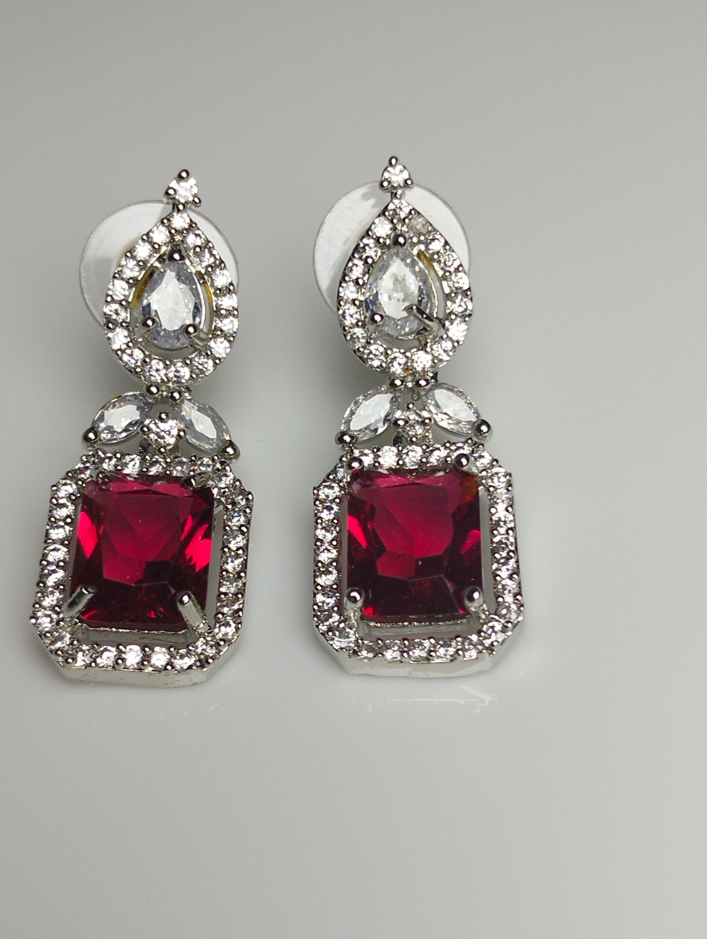 Premium Rhodium Plated Silver Red Gemstone Stud Earrings