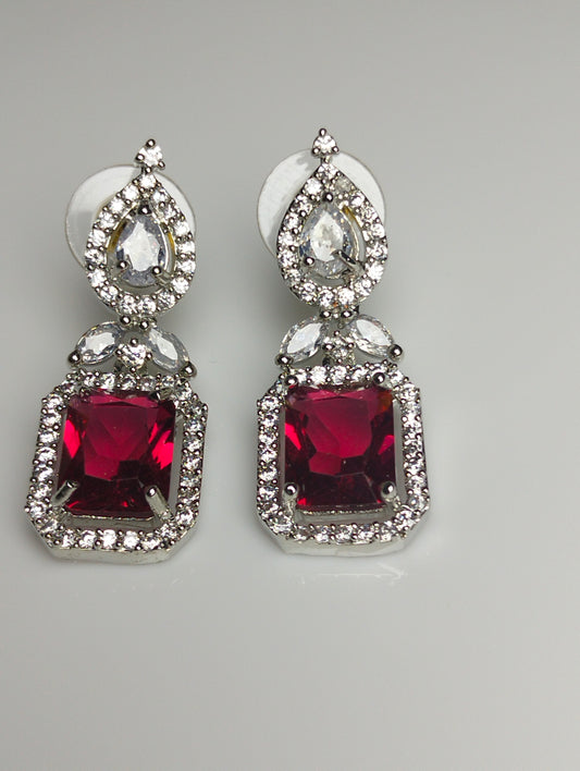 Premium Rhodium Plated Silver Red Gemstone Stud Earrings