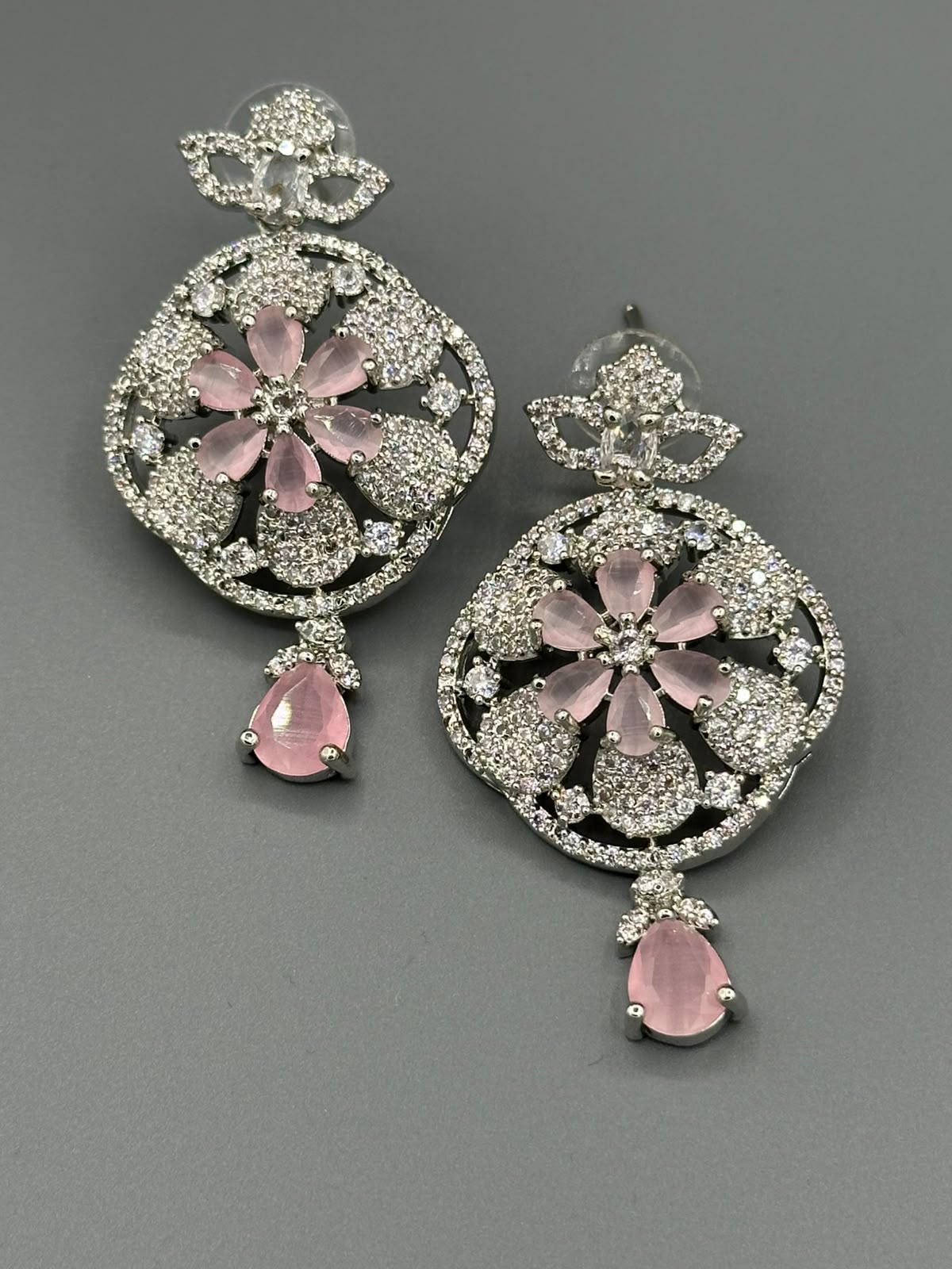 One Carat Floral Earrings with pink semi precious stones