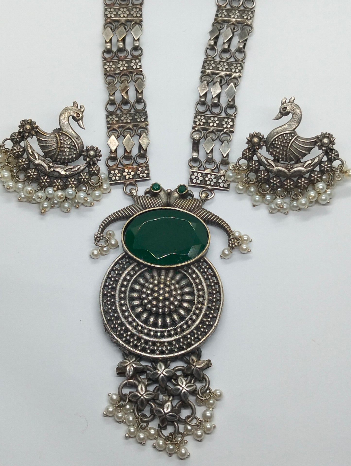 Trendy oxidized handmade brass Mala in green gemstone