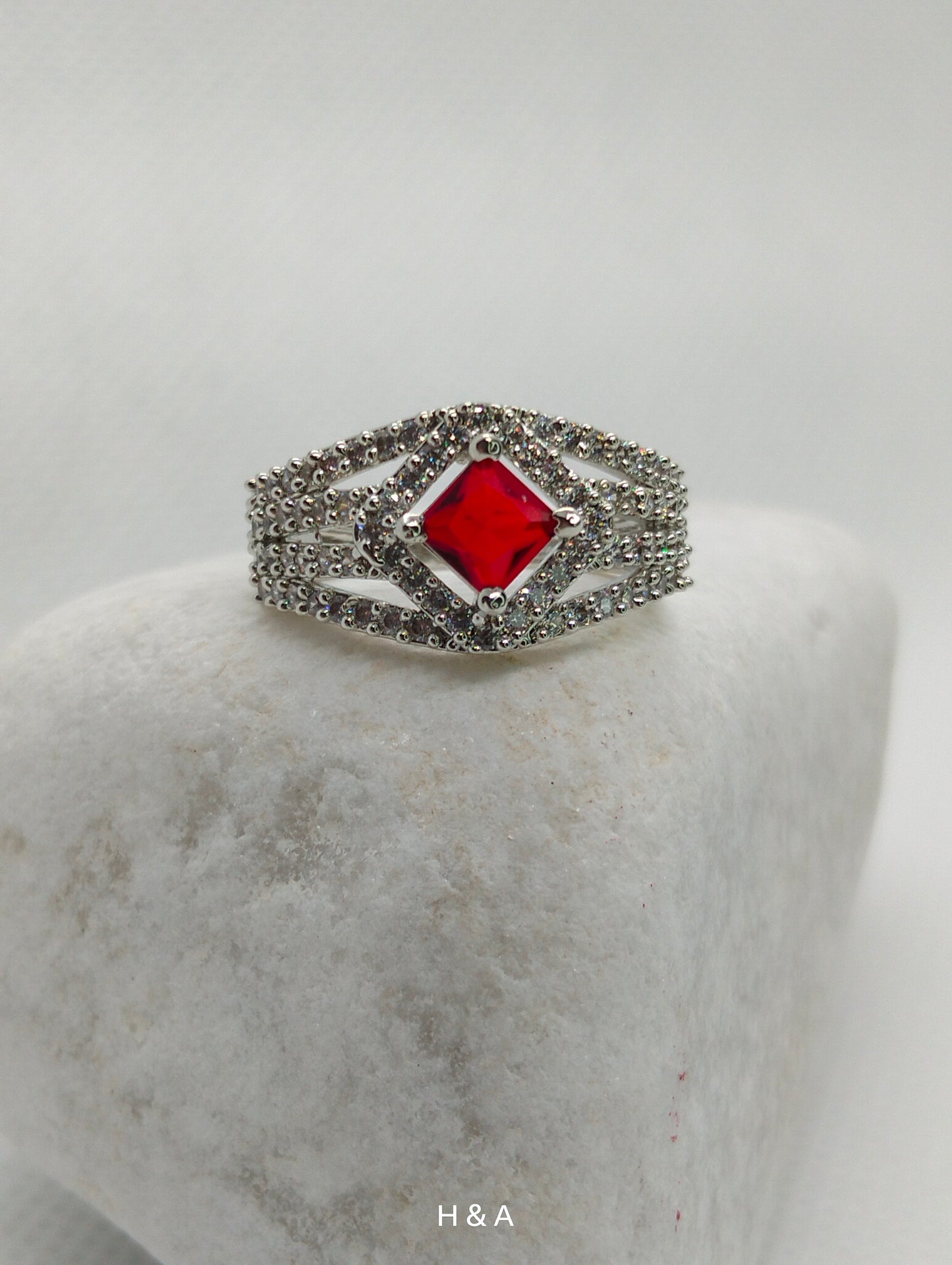 Red stone silver rhodium plated ring