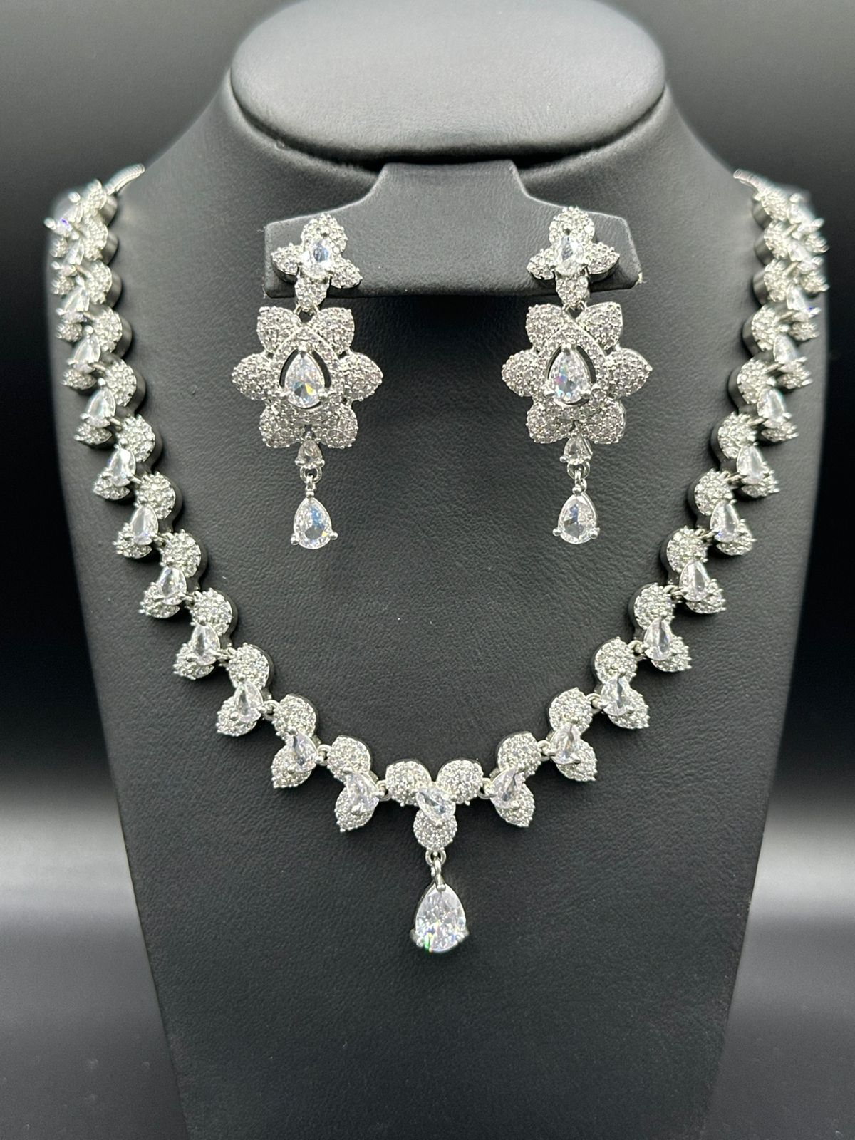 Floral Cluster Diamond Necklace & Drop Earring Set