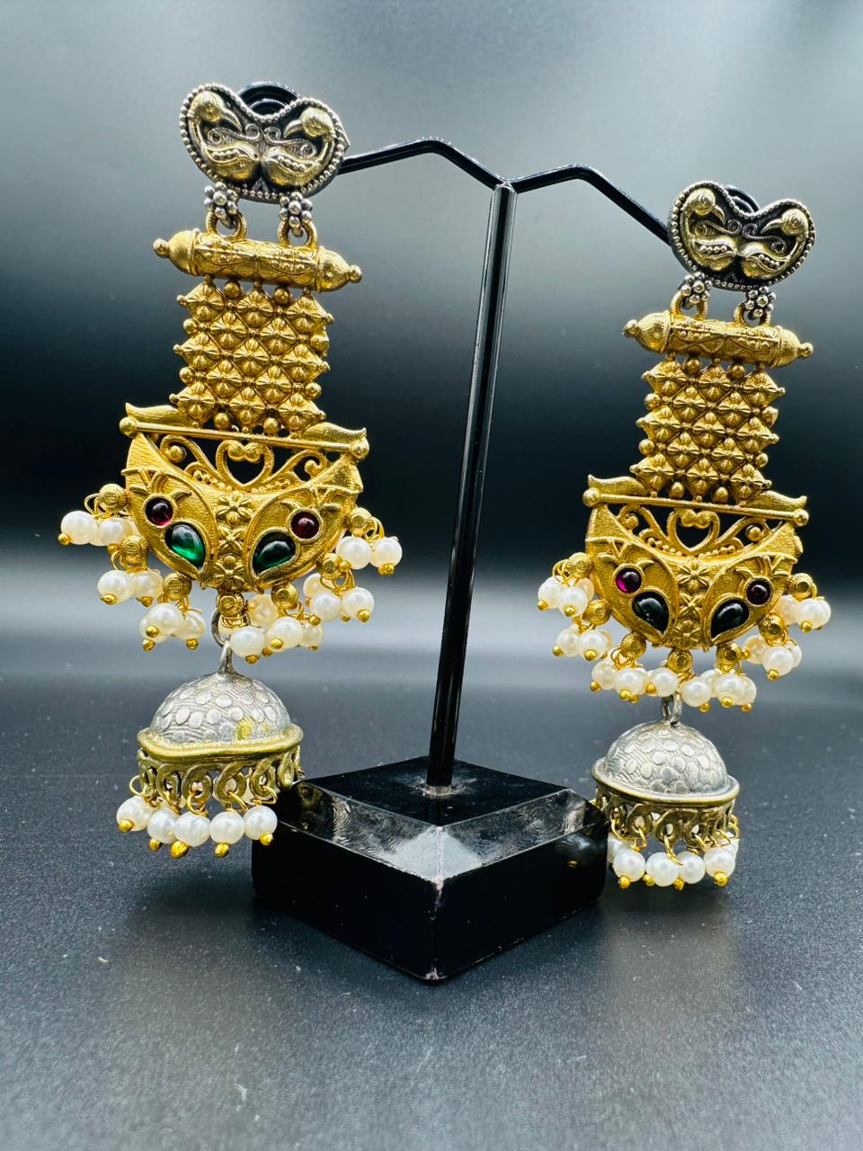Two toned oxidized handmade Madrasi jhumka's with multi stones