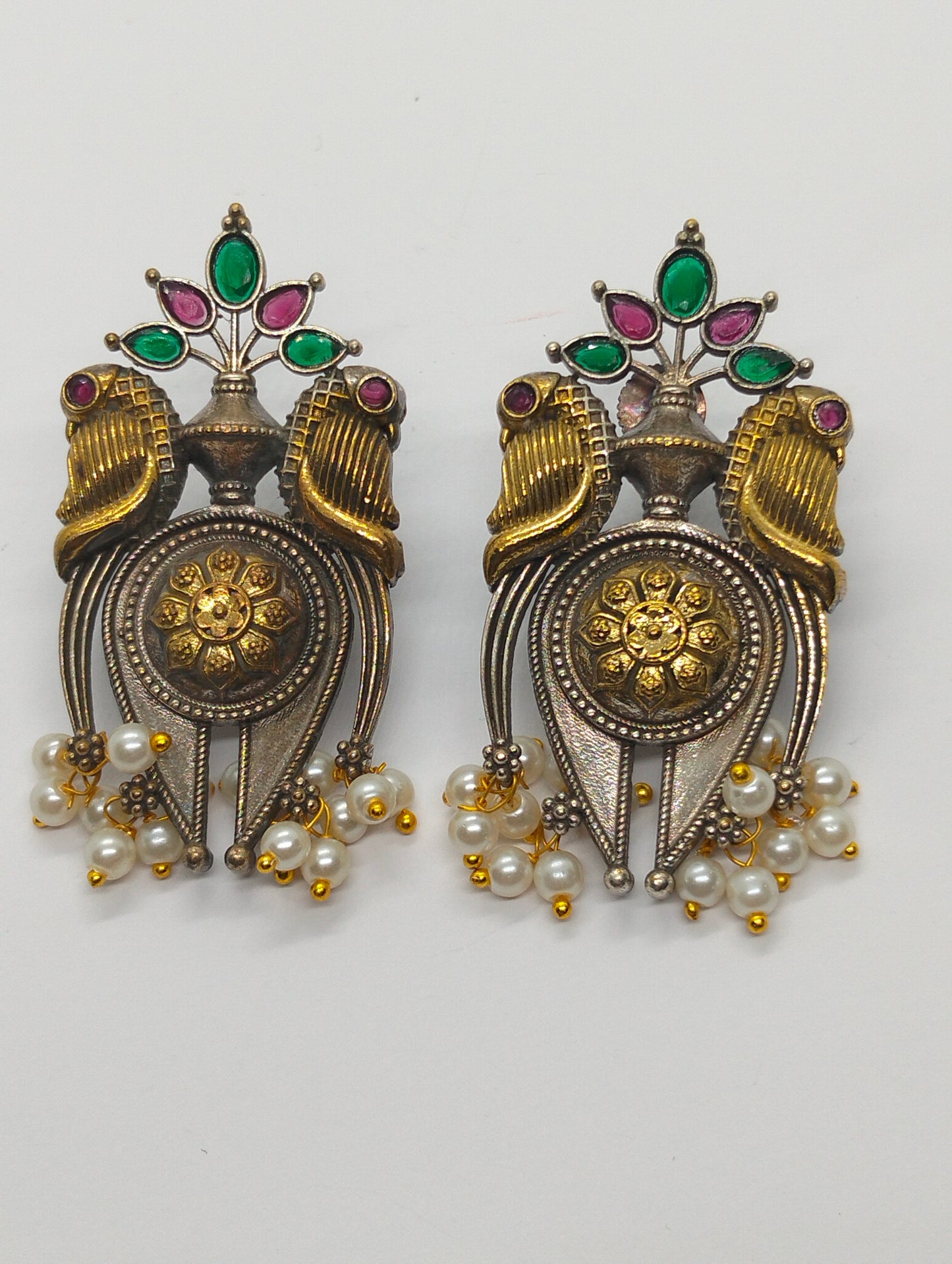 Two toned oxidized handmade brass stud with multi stones