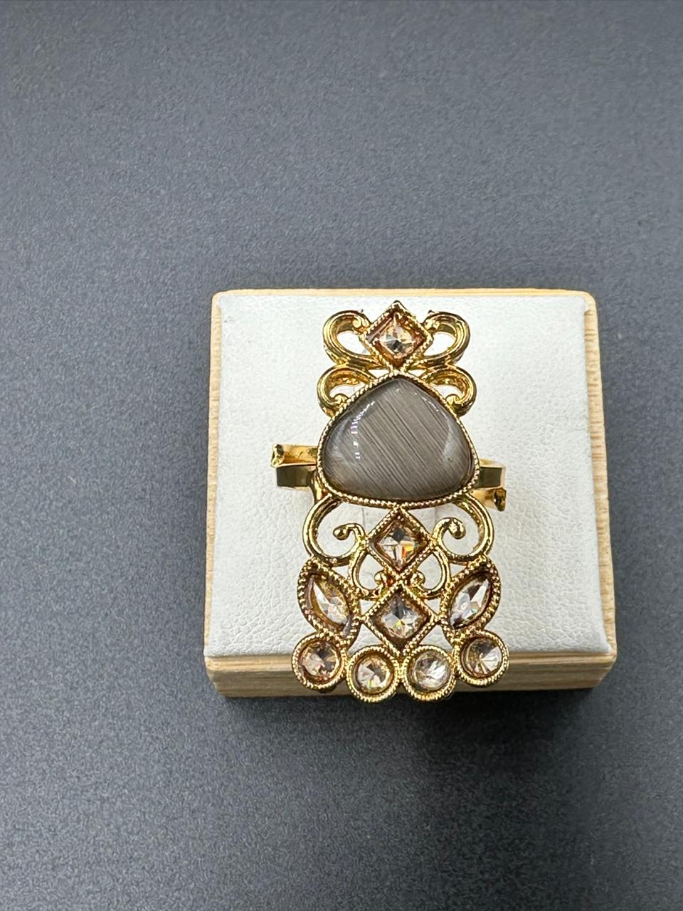 Gold Plated Polki Ring with grey stone