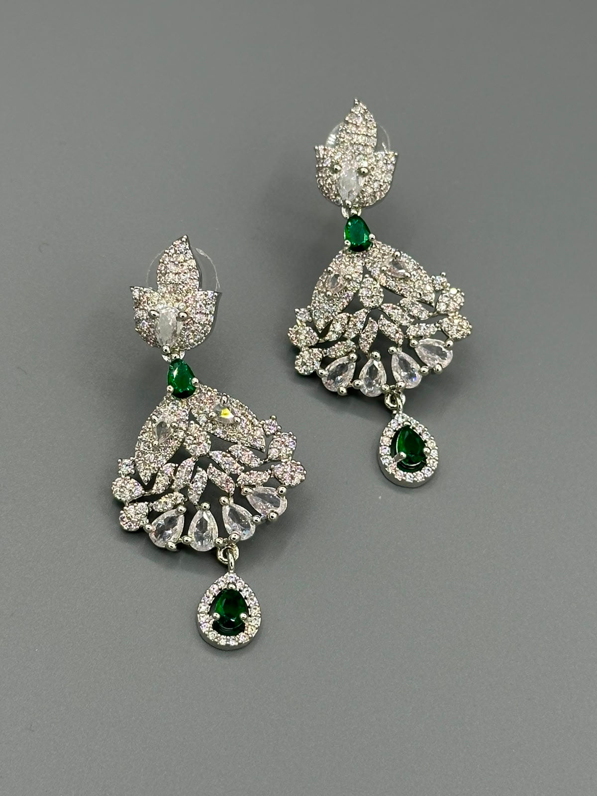 Green Emerald Stone Silver Rhodium Plated Earring