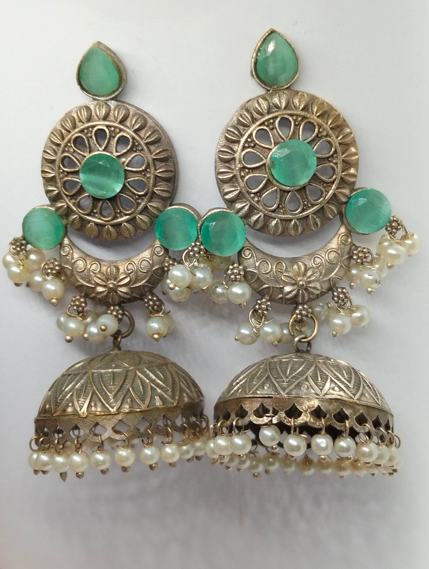 Oxidized handmade brass jhumka's mint green stone