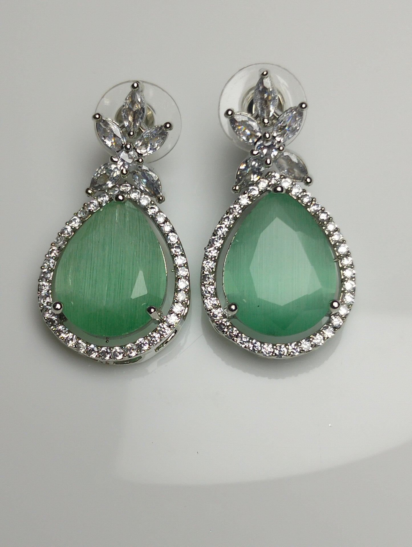 Mint green stone silver rhodium plated earing