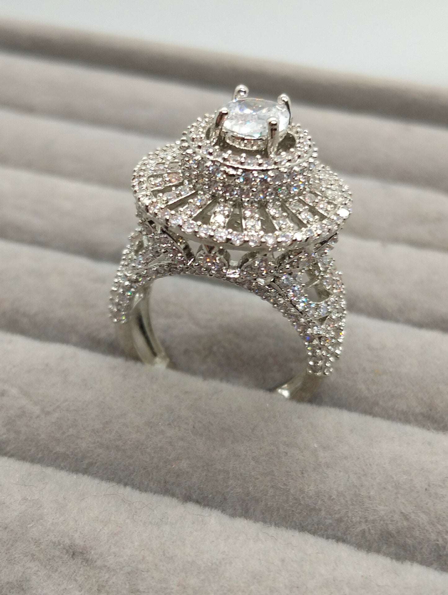 Statement one carat silver rhodium plated ring with semi precious stones