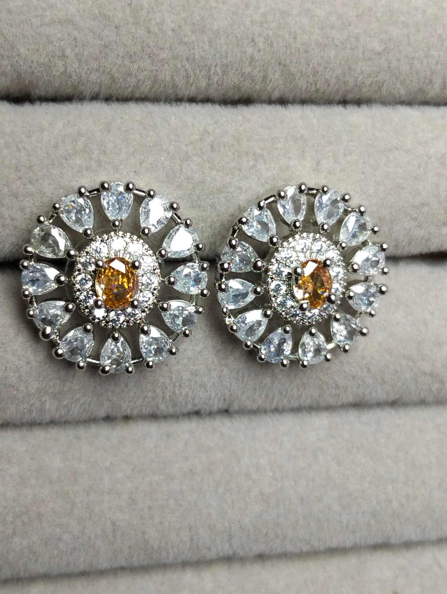 Champagne Stone Rhodium-Plated Silver Geometric Studs