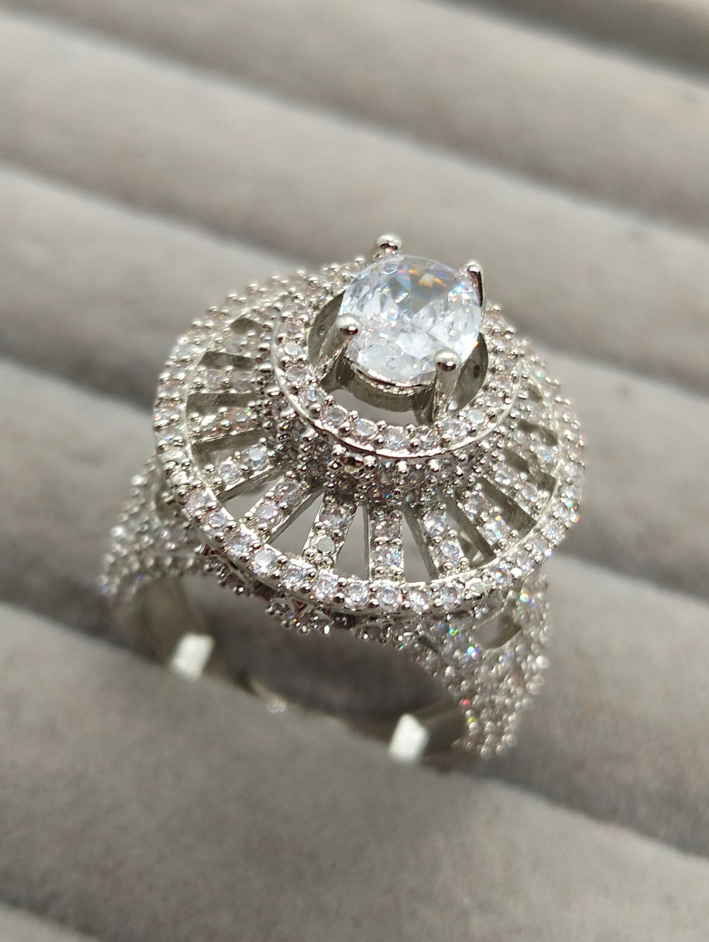 Statement one carat silver rhodium plated ring with semi precious stones