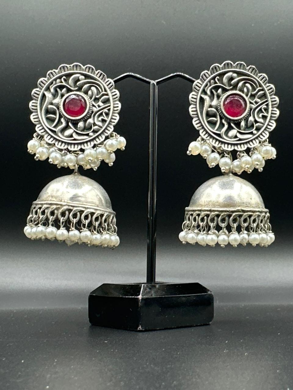 Lotus Bloom | Handcrafted Oxidized Red Stone Silver Floral Jhumka's