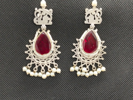 Silver ethnic Oxidized jhumka's in red stone