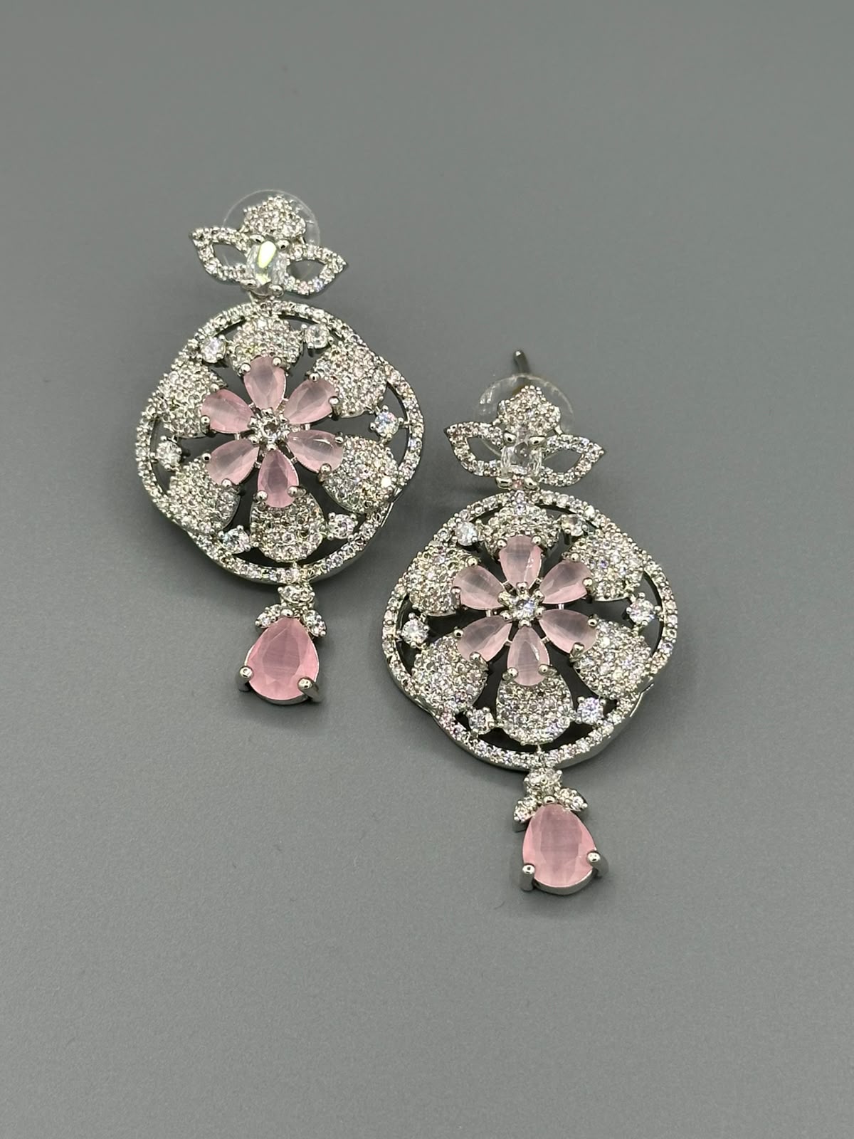 One Carat Floral Earrings with pink semi precious stones