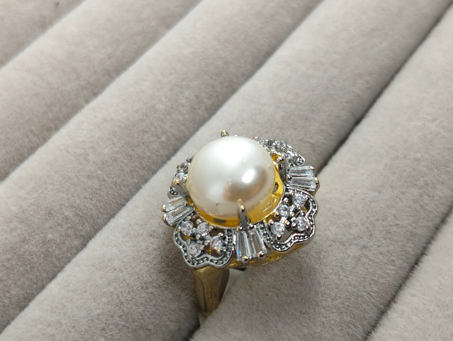 Two-Tone Gold Plated Pearl Ring with Brilliant Cubic Zirconia
