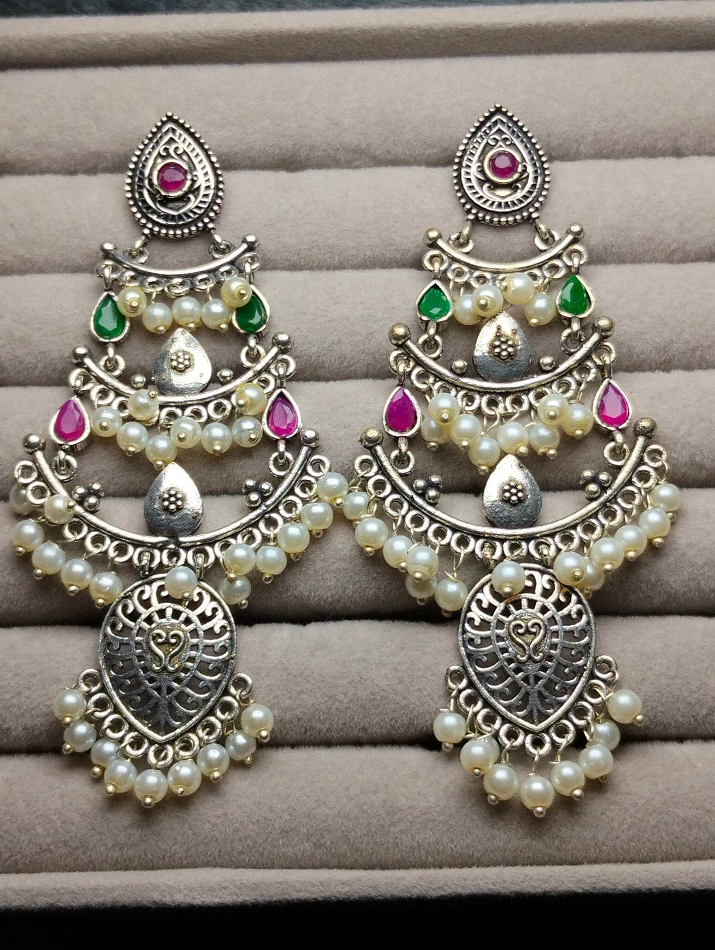 Oxidized brass jhumka's with multi stones